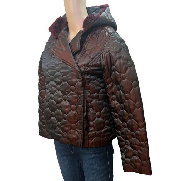 Y2K Rampage Quilted Puffer Jacket Hooded Faux Fur Trim Red Iridescent - Picture 2 of 9